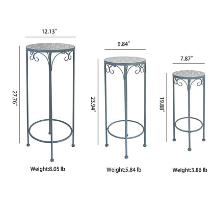 Metal Plant Stand Set of 3 Round Ceramic Top 28" Tall Mosaic Flower Stand Tile Nesting Display Side Table Indoor Outdoor Plant Rack Flower Holder for Wedding Party Patio Living Room Frame Stackable Garden Accessory Decorative Blue