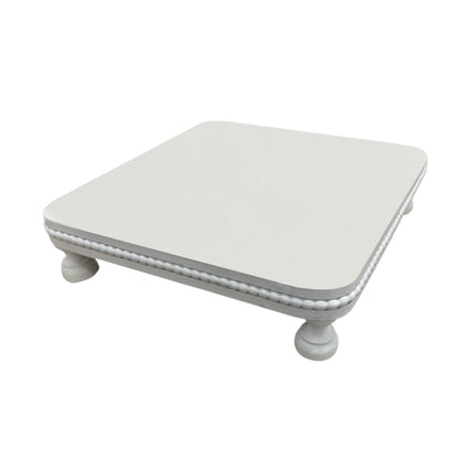 dwellington Farmhouse Display Wood Riser, 12" Decorative Beaded Pedestal Stand, Square Tiered Tray Decor for Kitcher Decor, Countertop (White)