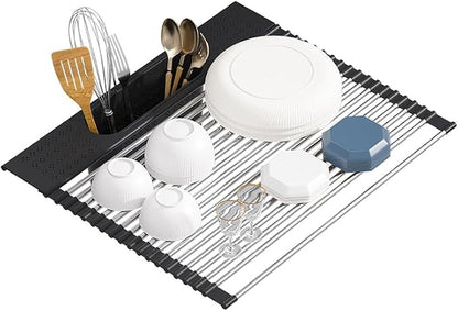 Roll Up Dish Drying Rack Over Sink, 20" X 15.2" Foldable SUS304 Stainless Steel Kitchen Dish Drainer, Heat-Resistant Multipurpose Rolling Sink Rack Organizer, Black