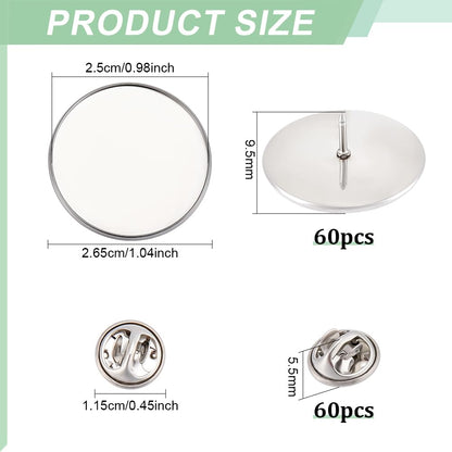 FINGERINSPIRE 60Sets Stainless Steel Color Brooch Base Butterfly Pin Backs DIY Blank Brooch Making Kit 304 Stainless Steel Material 25mm in Diameter Flat Round Tray for Craft Jewelry Projects