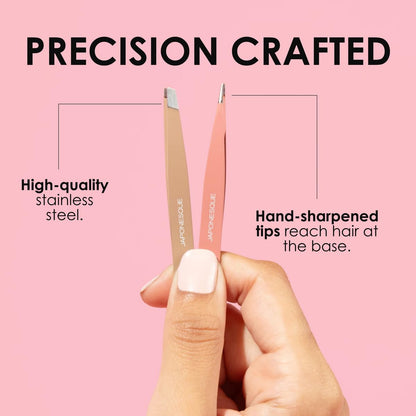 Japonesque Mini Tweezers 2 Pack – Precision Eyebrow Plucking Tool with Slant Tip and Point Tip Tweezer, Stainless Steel Hair Removal for Home and Travel