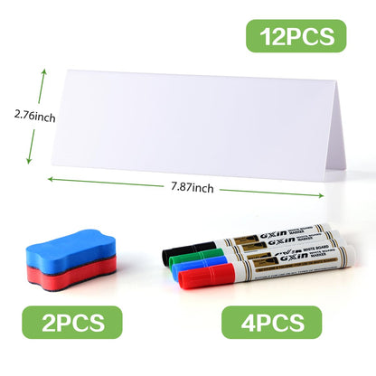 12 Pcs Dry Erase Name Tent Cards for Table, Reusable Name Cards 8.75" x 3" Desk Name Tents Sets with Dry Erase Markers and Erasers, Facilitate Effective Organization of Meetings and Classes