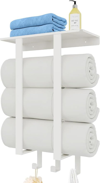 Bethom Towel Racks for Bathroom White, Storage with Shelf Wall Mounted | Stainless Steel, 3 Hooks, Towel Storage Rack with Shelf for Small Bathroom