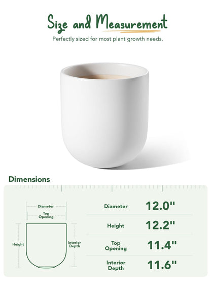 LE TAUCI 12 Inch Pots for Plants, Ceramic Large Planters for Indoor Plants, Indoor Plant Pots for Home Garden Patio Office, Planter Pots with Drainage Hole and Rubber Plug, White