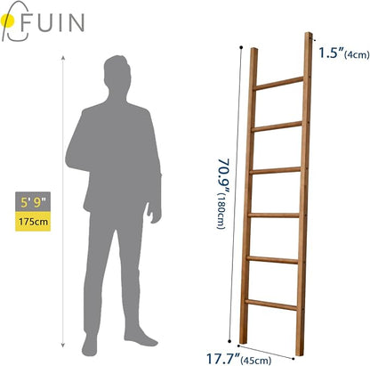 FUIN 6ft Wooden Natural Blanket Ladder Living Room Decorative Wall Leaning Farmhouse Quilt Display Holder Rustic Wood Towel Rack for Bathroom