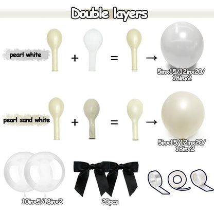 White Balloon Garland Arch Kit, Double Stuffed Cream Ivory Sand White Pearl Balloons with Bow Clear Balloon for Bridal Wedding Baby Shower Birthday Valentine‘s Day Party Decorations