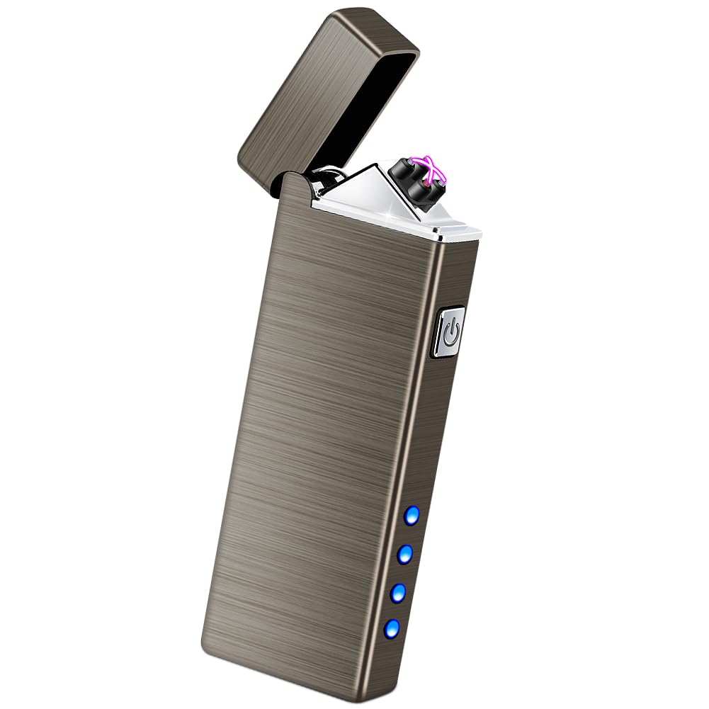 LcFun Electric USB Rechargeable Lighter Windproof Flamesless Plasma Dual Arc Lighter Small Metal Pocket Lighters for Candle, Camping Stocking Stuffers Gifts for Men (Nickel Brushed)