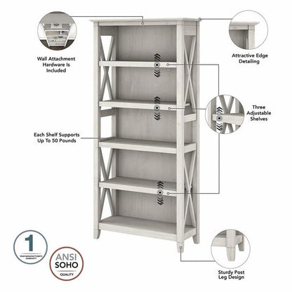 Bush Furniture Key West 54W Computer Desk with 2 Drawer Lateral File Cabinet and 5 Shelf Bookcase in Linen White Oak