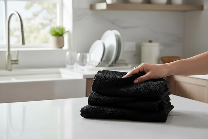 Serafina Home Black Textured Kitchen Hand Dish Towels 100% Cotton Cloth Soft