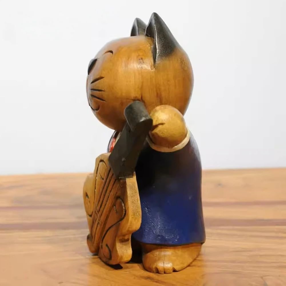 AHZGBL Wooden Cat Figurine, Hand Carved Solid Wood Cat Statue from Thailand, Whimsical Home Decor for Living Rooms, Restaurants, Bars, Cafes, Music-Themed Cat Collectibles (Cello Cat)