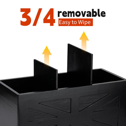 PEKER Wooden Utensil Holder, Black Kitchen Countertop Organizer with Removable Divider, 3 Compartments Pine Wood Utensil Crock with Drainage Hole & Non-Slip Base, 2 Pack