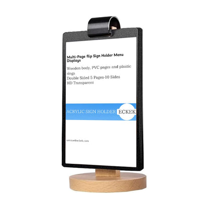 ECKEK Acrylic Sign Holder Multi-Page flip Sign Holder Menu Displays Double Sided 5 Pages-10 Sides, Wood Base Table Top Sign Stand (100*200mm/3.94×7.87 inches)