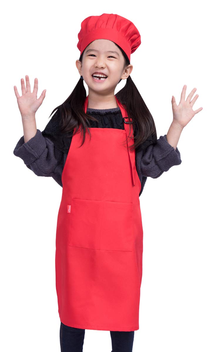 ALIPOBO Kids Apron and Chef Hat Set, Children's Adjustable Bib Apron with 2 Pockets. Cute Boys Girls Kitchen Apron for Cooking, Baking, Painting, Training Wear (2-5 Year, Red)