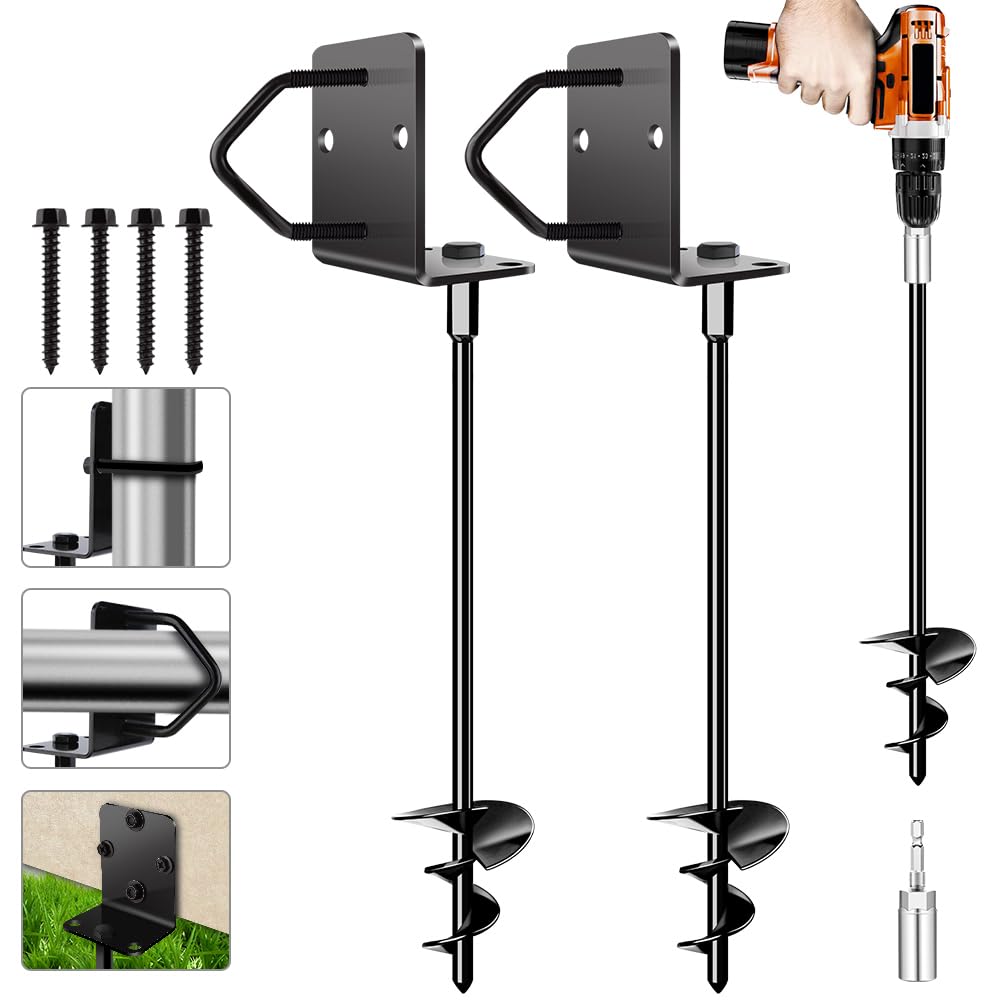 Ground Anchors Shed Anchors 14" Set of 2 Trampoline Stakes Screw in Heavy Duty Mobile Home - Storage Shed Anchor Kit - Playset Swing Anchors - Stakes for Fence,Carport,Garden (Black, 2 x 14in)