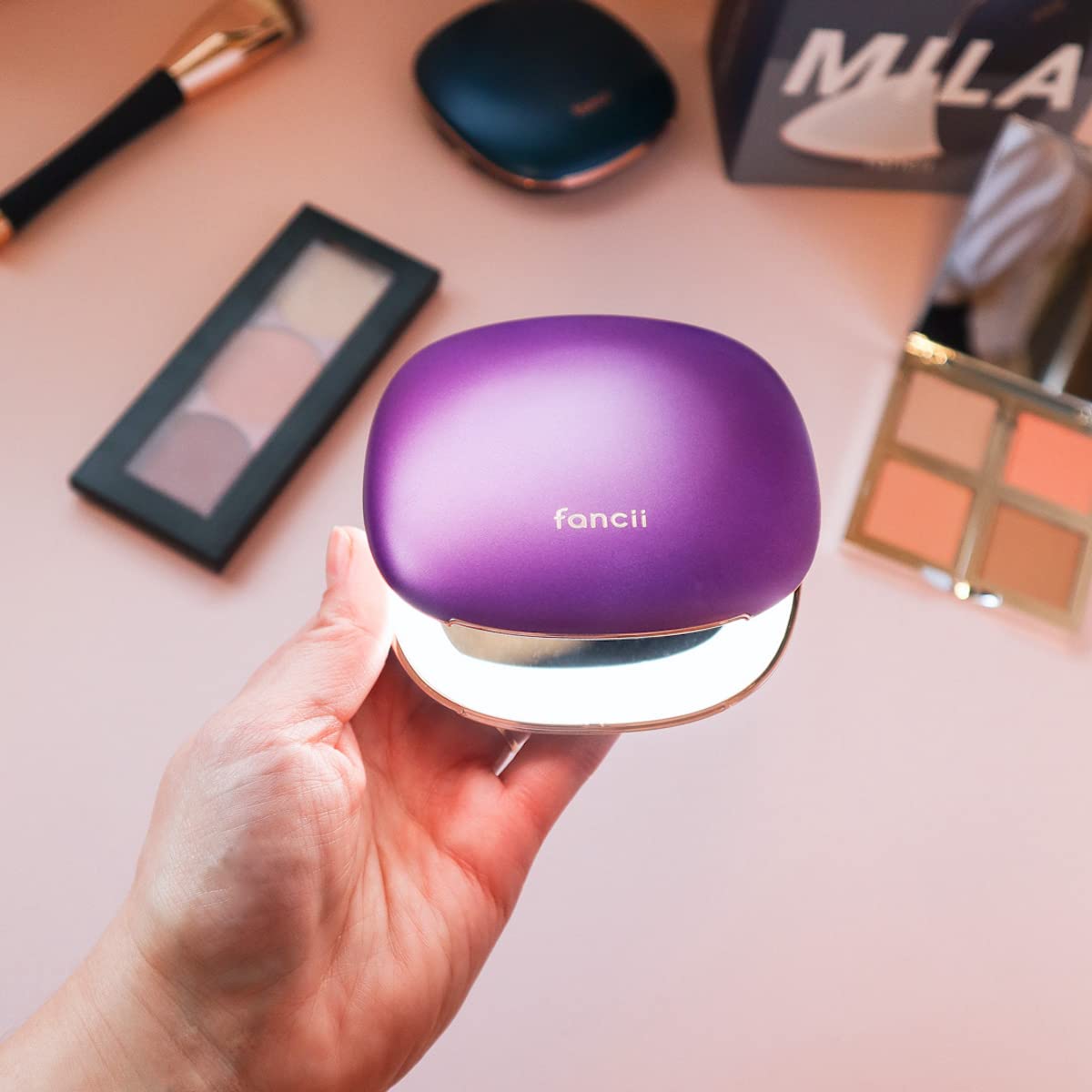 Fancii Compact Makeup Mirror with Natural LED Lights, 1x/ 10x Magnifying - Rechargeable, Portable, Lighted 4” Hand Mirror for Travel and Purses, Mila (Berry Crush)