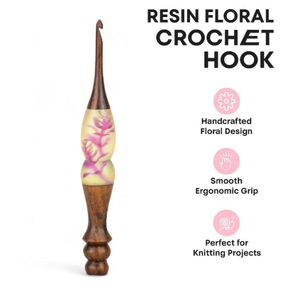 Resin Floral Crochet Hook Set – Ergonomic Wooden Handle with Handcrafted Flower Design, Comfortable Grip Crochet Needles for Knitting & DIY Craft Projects (Brown, 5 mm)