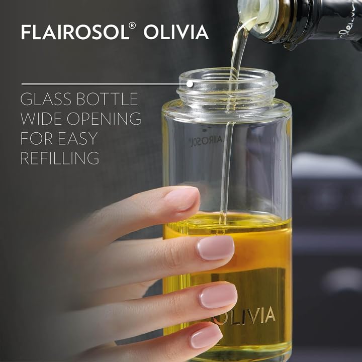 FLAIROSOL OLIVIA. The Original Advanced Oil Sprayer for Cooking, Salads, BBQs and More, Continuous Spray with Portion Control, Trusted by Chefs. Patented Technology. (Glass Bottle) (Gold Print)