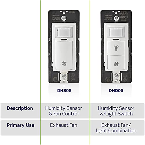 Leviton Humidity Sensor Switch for Bathroom Exhaust Fan, Automate Ventilation, Air Circulation, Moisture Control, ¼ HP, Single Pole, DHS05-1LW, White