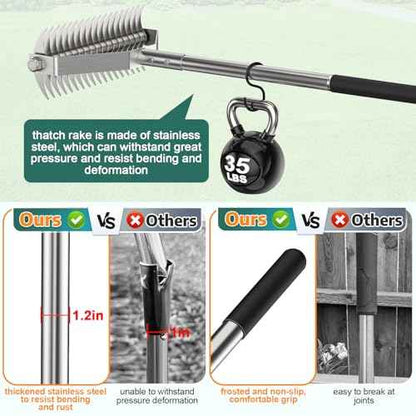 Thatch Rakes for Lawns,14.2-Inch Thatching Rake,304 Stainless Steel Dethatcher Rake with Adjustable Handle and 2 Extra Replaceable Blades,Heavy Duty Rakes for Cleaning Dead Grass and Loosening Soil