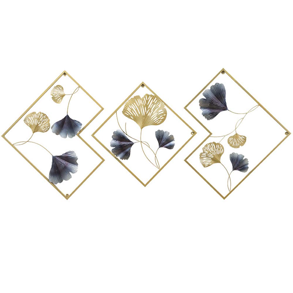 MKUN Iron Wall Sculptures - Set of 3 Diamond shaped Metal Wall Decor with Gingko Biloba Art Great for Home Hotel Decoration(Gold&Gray)
