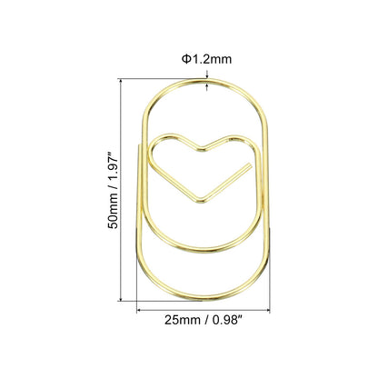 MECCANIXITY Paper Clip Heart-Shaped Cute Decorative Fun Clips Bookmarks 2 Inch Gold Tone for Organize Office Home, Pack of 50