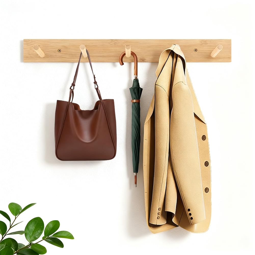 Anscuto 2Pcs Wooden Wall Mounted Coat Rack, 15.35'' Coat Rack Wall Mount with 5 Hooks for Hats, Jacket, Robes, Towels(Color:Natural)