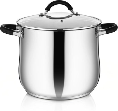 P&P CHEF Stainless Steel Stock Pot, 10 Qt Cooking Soup Pot with Visible Lid for Pasta, Tri-Ply Bottom & Dual Heatproof Handles, For Induction Gas All Stoves, Non-Toxic & Dishwasher Safe