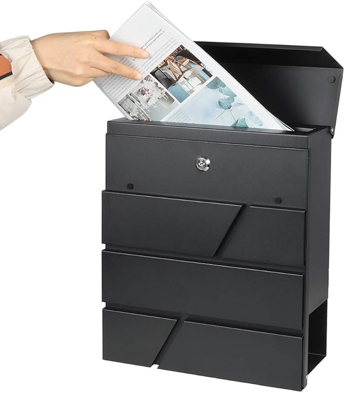 Decaller Large Capacity Mailbox with Key Lock, Wall Mount Metal Mail Box with Newspaper Compartment for Outside, 14.4" x 13" x 4.2", 936 Black