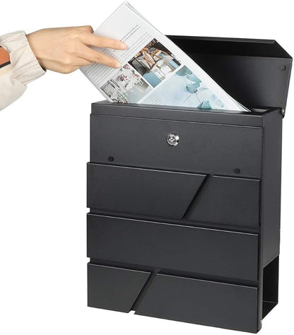 Decaller Large Capacity Mailbox with Key Lock, Wall Mount Metal Mail Box with Newspaper Compartment for Outside, 14.4" x 13" x 4.2", 936 Black
