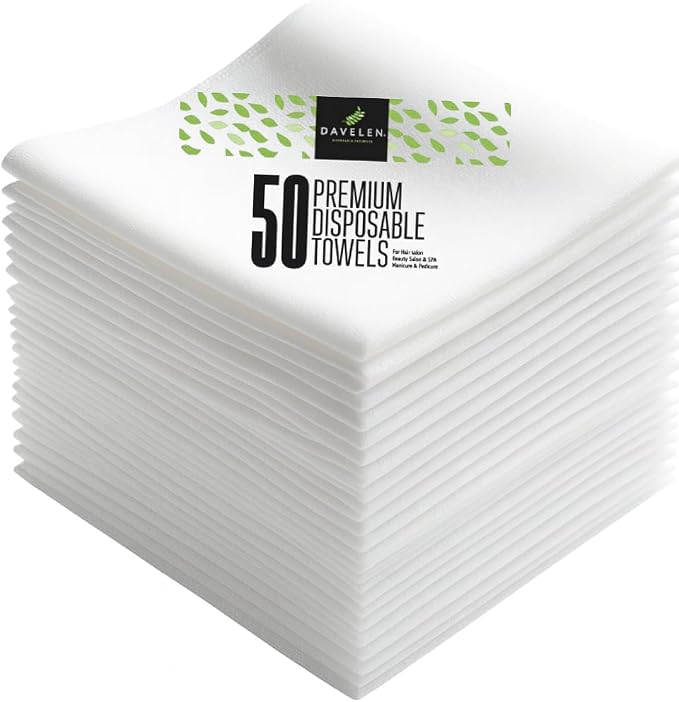 DAVELEN Disposable Large Luxury Towels (50-Count) Spa and Salon Quality Softness for Guests, Clients | Hair, Face, Body Use | Luxurious Comfort, Ecofriendly (050, 32x16 inches)