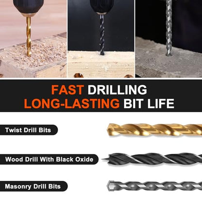 COMOWARE Drill Bit Set, 104Pcs Screwdriver Bits Set with Tough Case, Titanium Twist Drill Bits, Impact Screwdriver Bits, Masonry Drill Bits, Spade Drill Bits, Nutdrivers