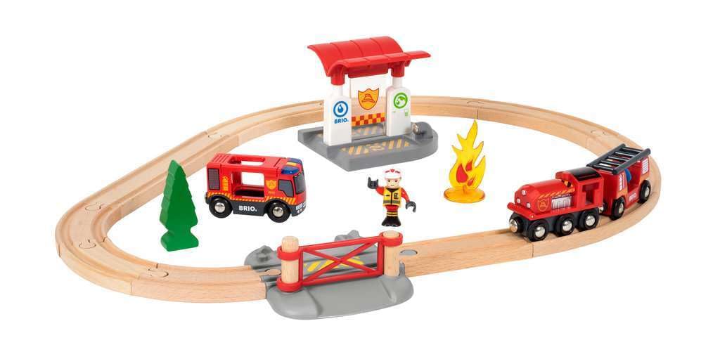 BRIO World Rescue Firefighter Set - 18-Piece FSC-Certified Wood Train Set & Accessories - Fire Train Engine with Lights and Sound, Wooden Tracks & More - Works with All Wooden Train Sets - Ages 3 & Up