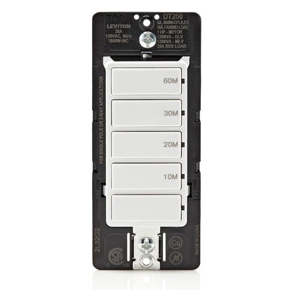 Leviton Countdown Timer Switch for bathroom fan and household lights, 5-10-15-30 min, No Neutral Required, Single Pole, 15A, 1/2 HP/9.8A Fan/Motor, DT130-1LW, White