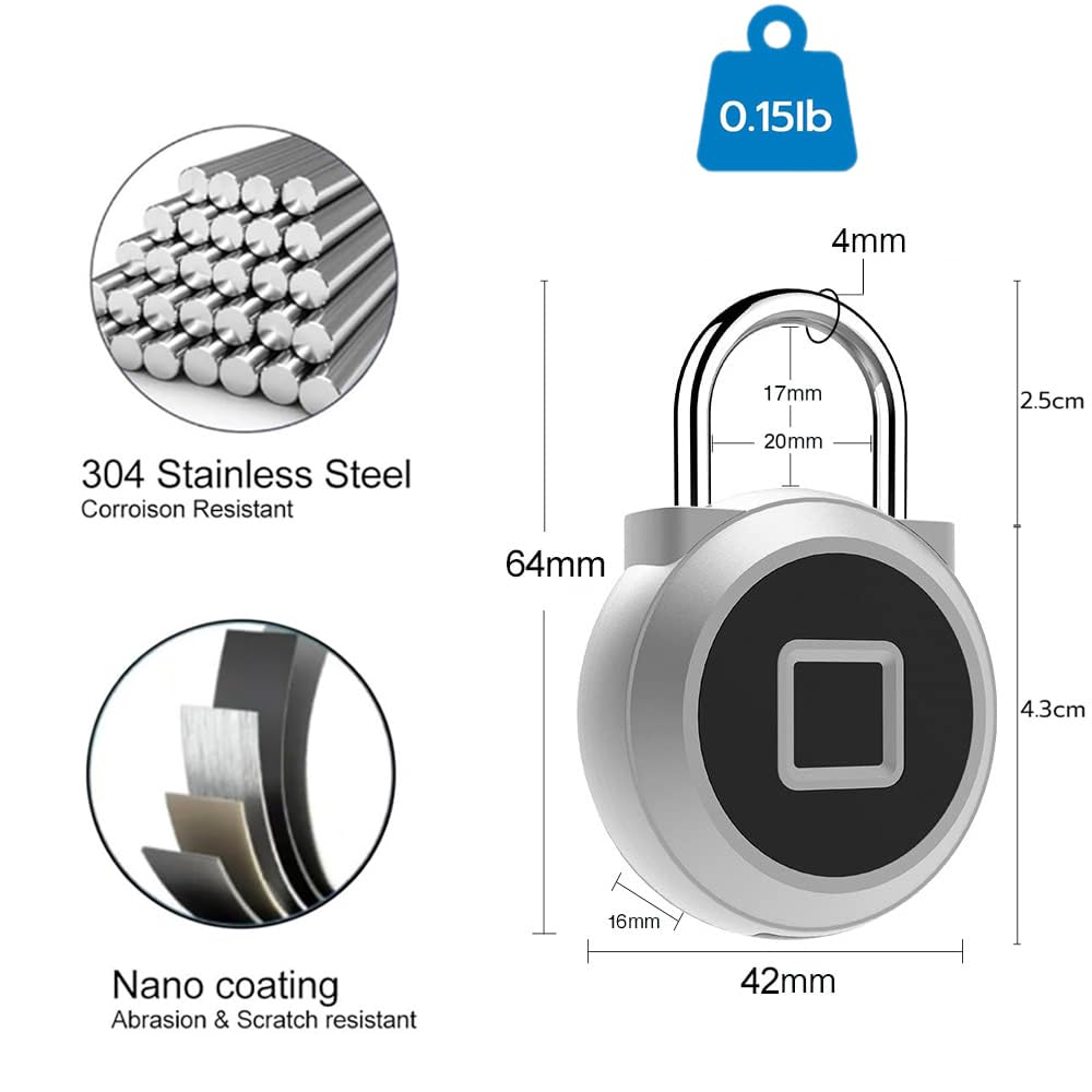 eLinkSmart Gym Locker Padlock with Fingerprint Remote Authorized Unlock Record - Waterproof Security Keyless Smart Lock for School Gym Locker Backpack Gun Case Field Box Silver Support iOS Watch