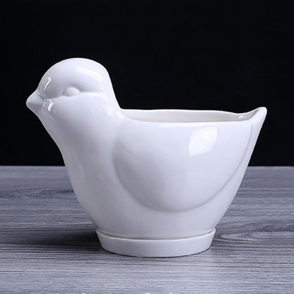 CALLARON Ceramic Bird Shape Flower Pot and Succulent Plant Container Tray, Small White Cartoon Planter for Indoor Desktop Decor