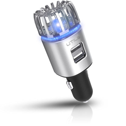 UTILE Car Ionizer Purifier with Dual USB Charger – Ionic Air Freshener for Odor Removal | 2.1A/0.8W USB Charging for Phone, Tablet and Other Devices (Silver, Pack of 1)