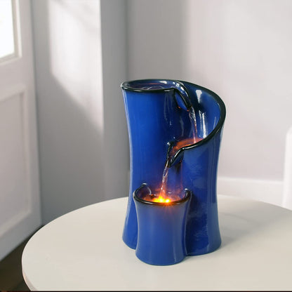 Indoor Water Fountain Imitation Ceramics Appearance Tabletop Relaxation Desktop Waterfall w/ 3 Reflective led, 9.8 Inch Tall (Blue)