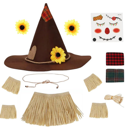 Lunaryvo Scarecrow Costume, Scarecrow Hat Raffia Straw Kit Face Decals Sunflower Patchwork Halloween Harvest Accessories (Brown-13pcs)