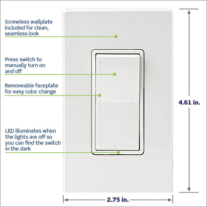 Leviton Decora Smart Switch, Wi-Fi 2nd Gen, Neutral Wire Required, Works with Matter, My Leviton, Alexa, Google Assistant, Apple Home/Siri & Wired or Wire-Free 3-Way, D215S-1RW, White