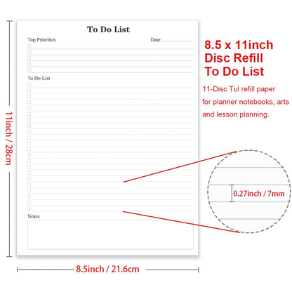 Letter Size TUL Discbound To Do List Refills, 11 Disc Daily Planner Insert, 100Sheets / 200Pages To Do Paper, 100gsm White Paper, 8.5'' x 11''