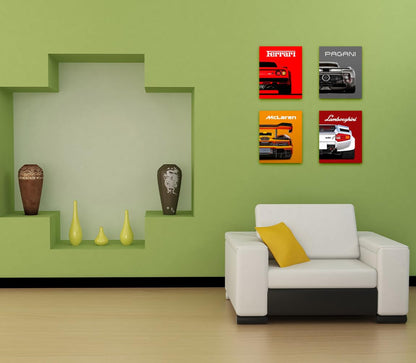 Modern Car Posters Classic Supercar Wall Art Prints, Cool Racing Ferrari Lamborghini McLaren Pagani Canvas Posters for Man Cave Boys Room Wall Decor, Sports Car Art Prints, Set of 4 (8"x10" Unframed)