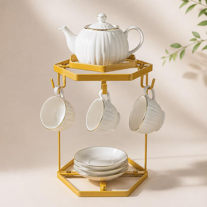 LWXPAIYY Coffee Mug Holder Countertop,Yellow Metal Coffee Cup Holders for Counter,Matte Muted Gold Mug Stand Rack for Counter Top 6 Hooks(Hexagon)
