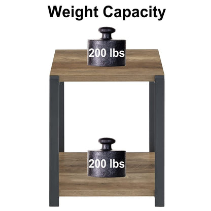 FOLUBAN Industrial End Table, Square Side Table with Storage Shelf for Living Room, Wood and Metal Nightstand, Oak