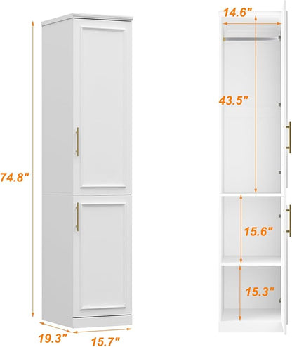 FUFU&GAGA Narrow Wardrobe Closet with 2 Doors, Modern White Bedroom Armoire with Gold Handles, Modern Clothes Storage Cabinet with Shelves, Hanging Rod, 15.7”W x 19.3”D x 74.8”H