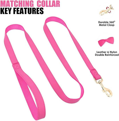 PET ARTIST Soft PU Leather Dog Collar and Leash Set, Bright & Stylish 5FT PU Leather Leash and Collar Set, Durable Pet Collars with Quick Release Metal Buckle for Medium Dogs,Hot Pink,M(13-19")
