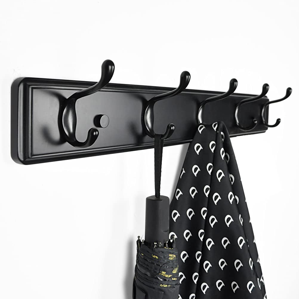 Badiano Wooden Coat Rack, Wall-Mounted Organizer for Closet, Entryway, Hallway, Foyer, Bedroom, Heavy Duty Double Hooks for Hanging Towels, Bags, Hats, Jackets, Key (Black, 5 Hooks)