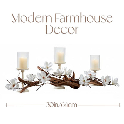 Magnolia Vine Driftwood FarmhouseTable Centerpiece - 3pc Candle Holder Set - Floral Table Decor for Dining Room, Living Room, Mantle & Weddings (Ivory)