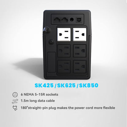 SKE SK625 625VA/360W UPS Battery Backup & Surge Protector - Uninterruptible Power Supply with LCD Display, AVR Voltage Regulation, 6 Outlets, Backup Power for PC, Router, NAS & Home Office