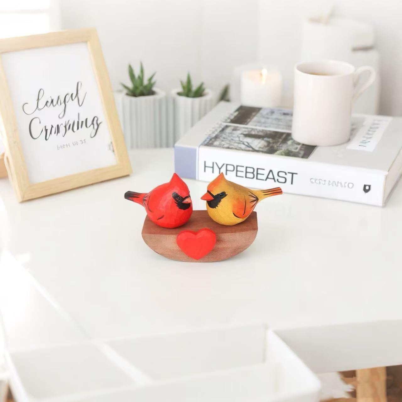 Xiyuelily Handmade Wooden Cardinal Figurines on Heart Base - Set of 3 Hand-Carved Male & Female Red Bird Statues - Romantic Couples Gift for Anniversary, Valentine's Day, Wedding & Home Decor Accents
