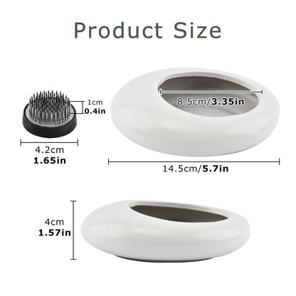 Flower Frog Vase Kit, Japanese Ikebana Flower Arrangement with 1.57 Inch Kenzan Ceramic White Pebble Shaped Bowl, 2-in-1 Flowers Arrangement Kenzan Needle Straightening Tool(Color:White)